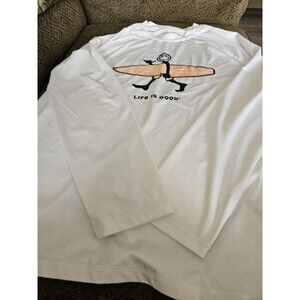 Life is Good White Man Surfboard Long Sleeve Tee SUN T SHIRT UPF 50+ Men's M